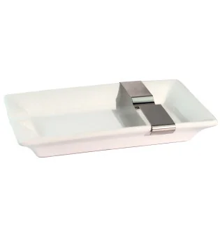 Cigar ashtray ceramic white with one rest plus flexible metal rest